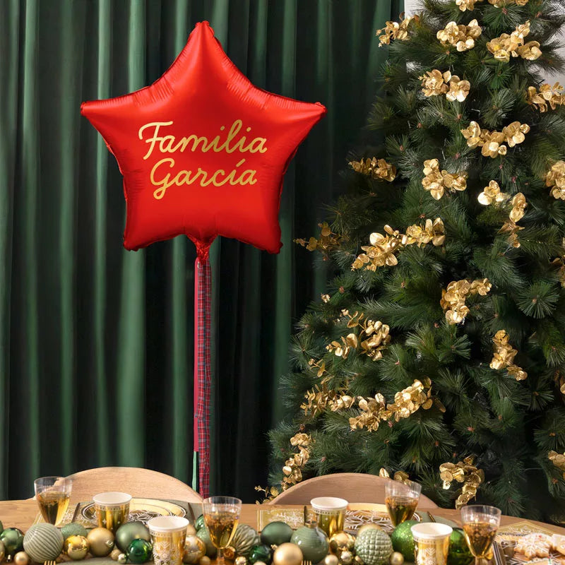 Globo Estrella Rojo XL con Telas Familia X Vinilo Oro