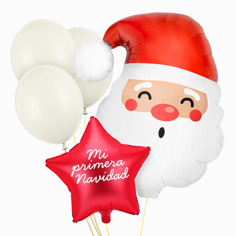 Santa Claus Head Foil Balloon Set with White Balloons and Red Star Personalized White Vinyl