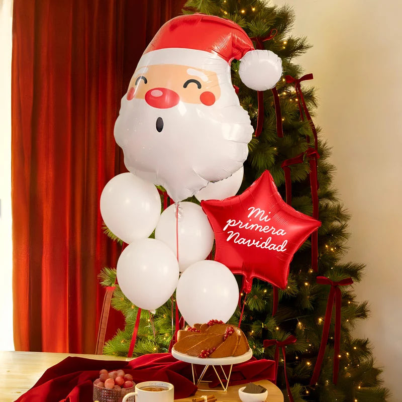 Santa Claus Head Foil Balloon Set with White Balloons and Red Star Personalized White Vinyl