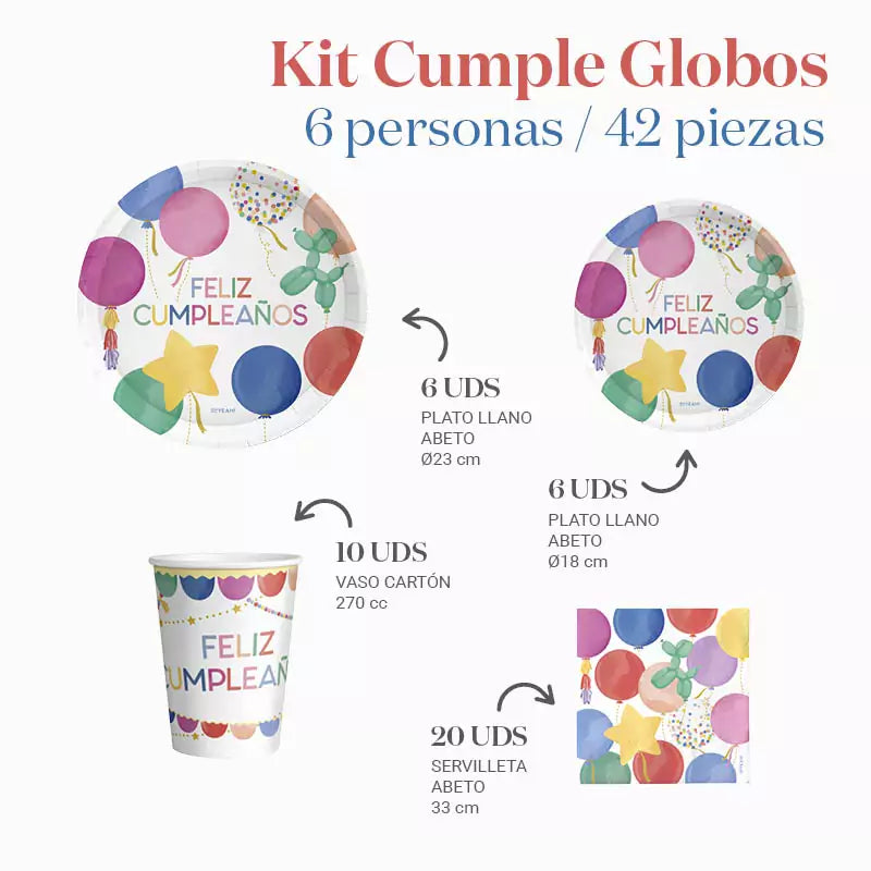 Kit Mesa Basic 6 Personas Cumple Globo 42 piezas