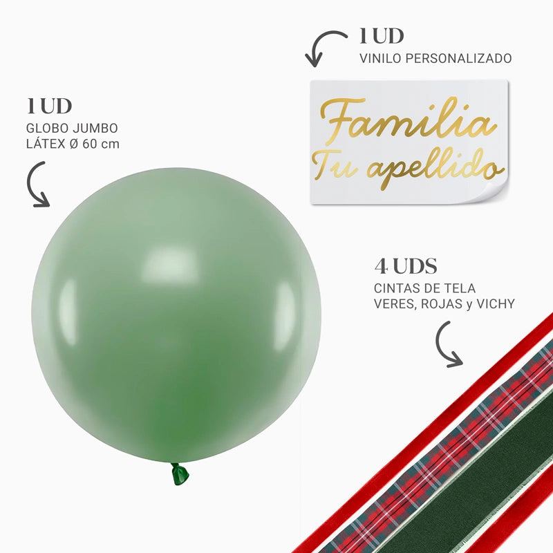 Globo Jumbo 60 cm Verde con Telas Familia X Vinilo Oro
