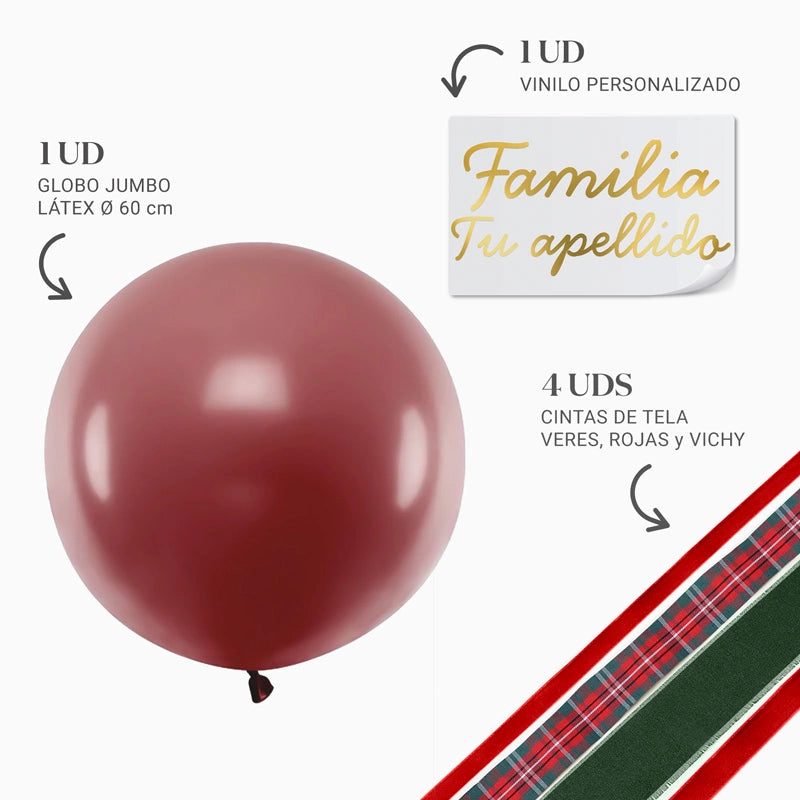 Globo Jumbo 60 cm Rojo con Telas Familia X Vinilo Oro