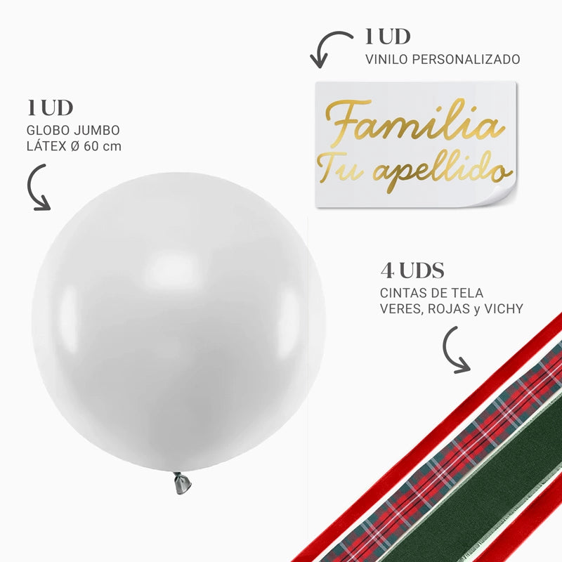 Globo Jumbo 60 cm Blanco con Telas Familia X Vinilo Oro