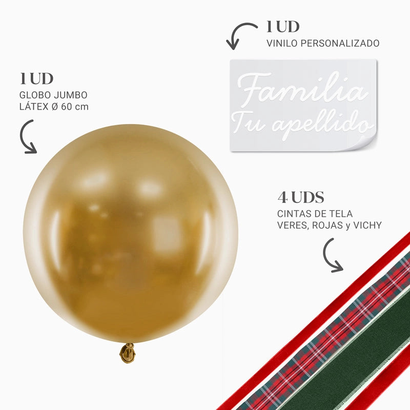 Globo Jumbo 60 cm Oro con Telas Familia X Vinilo Blanco