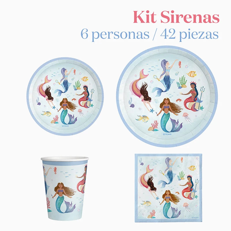 Kit Mesa Basic 6 Personas Sirenas 42 piezas