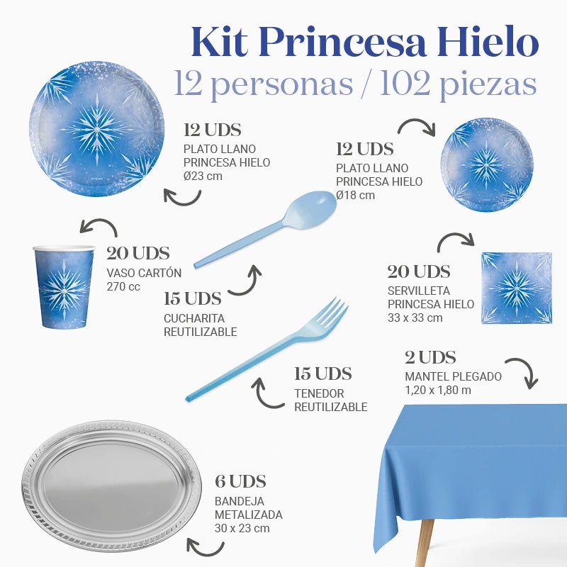 Kit Mesa Premium 12 Personas Princesa Hielo 102 piezas