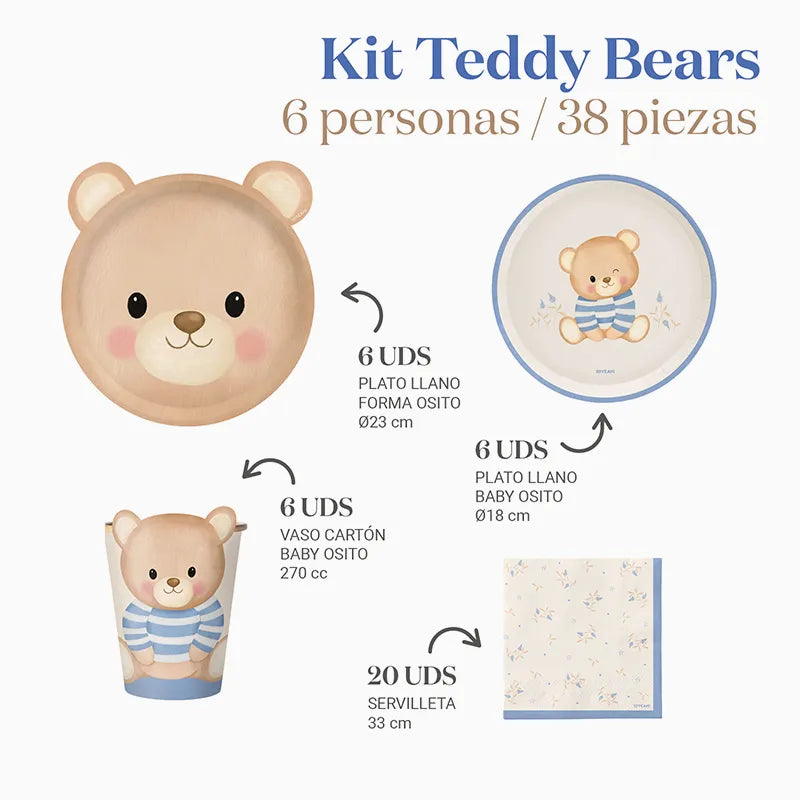 Kit Básico de Mesa 6 Pessoas Urso Azul Bebê 38 peças