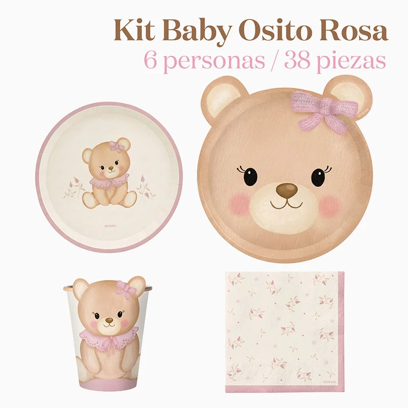 Kit Tavolo Basic 6 Persone Orsetto Baby Pink 38 pezzi