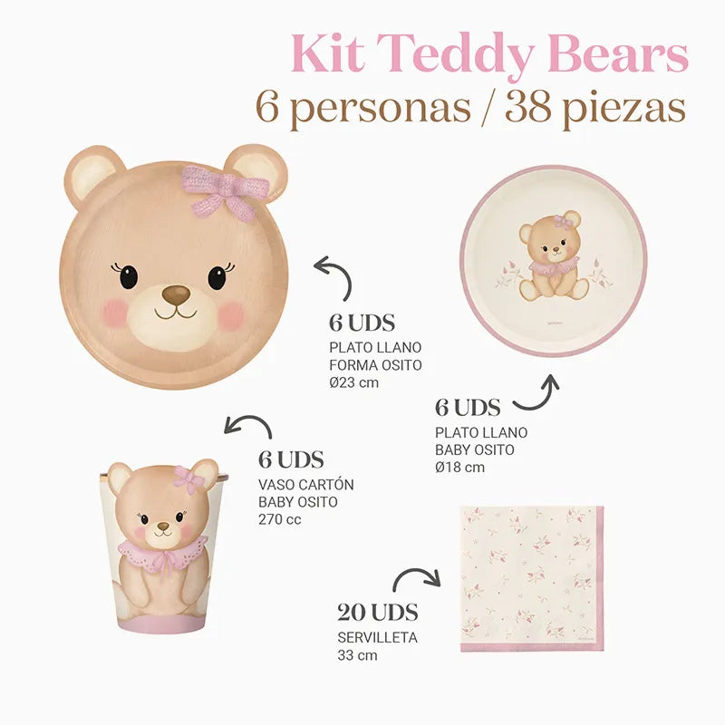 Kit Table Basic 6 Personnes Bébé Ours Rose 38 pièces