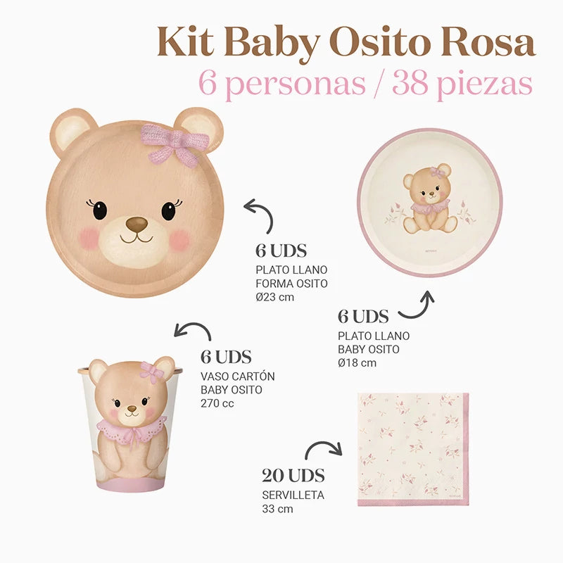 Kit Tavolo Basic 6 Persone Orsetto Baby Pink 38 pezzi