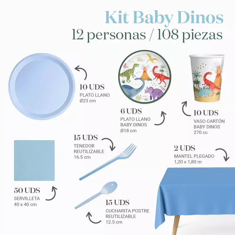 Kit Mesa Premium 12 Personas Baby Dinos 108 piezas