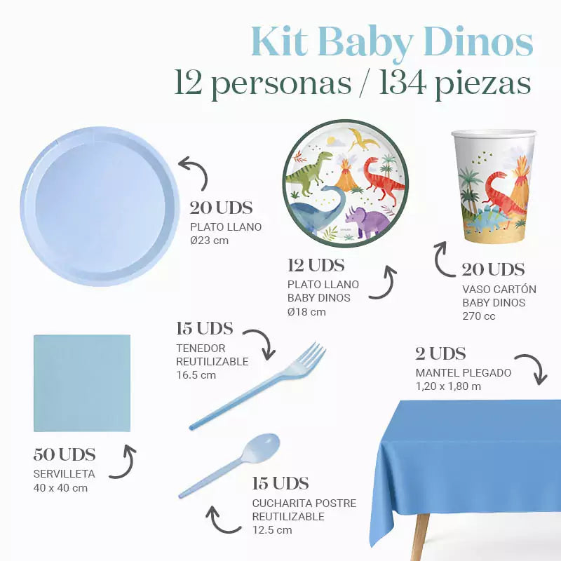Kit Mesa Premium 12 Personas Baby Dinos 134 piezas