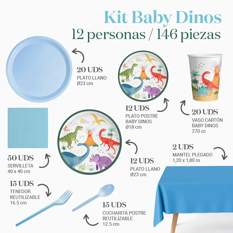 Inspiracion con Kit Mesa Premium 12 Personas Baby Dinos 146 piezas