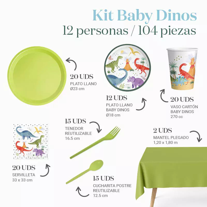 Kit Mesa Premium 12 Personas Baby Dinos 104 piezas