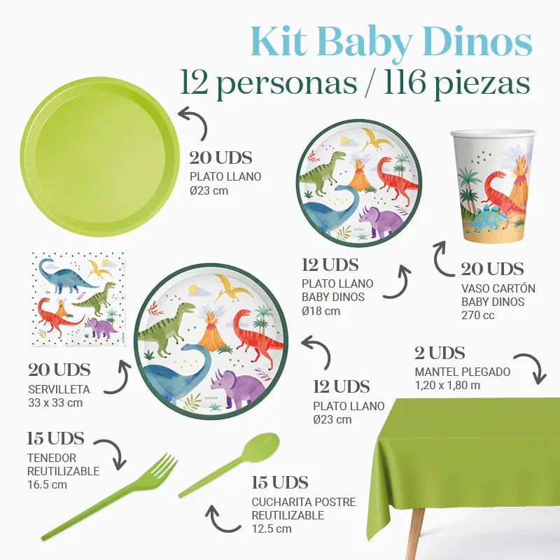 Inspiracion con Kit Mesa Premium 12 Personas Baby Dinos 116 piezas