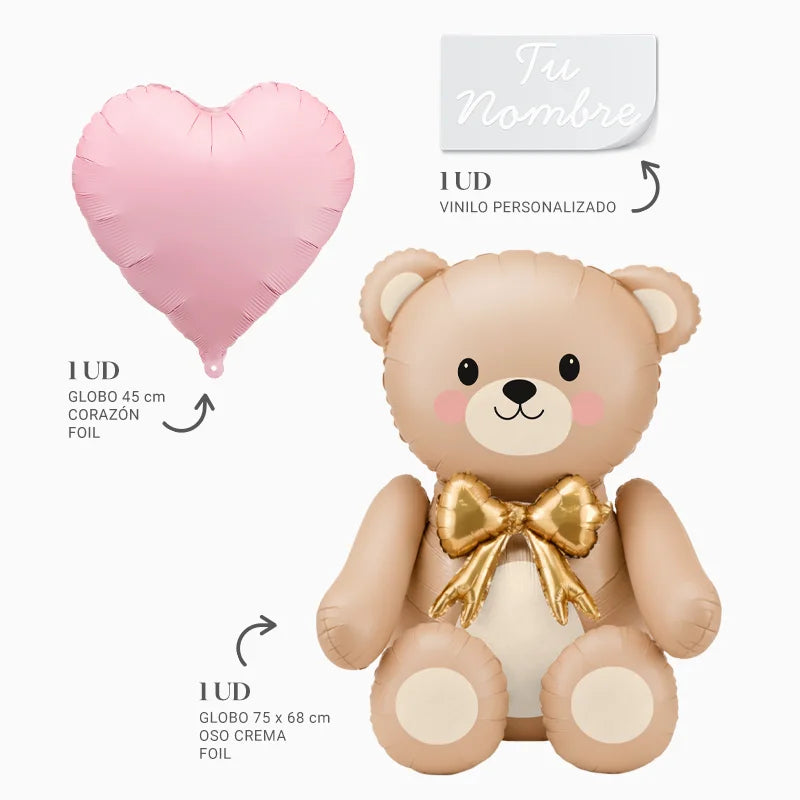 Globo Foil Corazón Rosa Pastel + Globo Foil Oso Crema Nombre Personalizado Vinilo Blanco