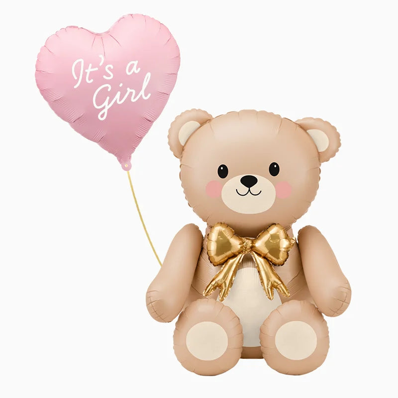 Globo Foil Corazón Rosa Pastel + Globo Foil Oso Crema 'It's a Girl' Vinilo Blanco