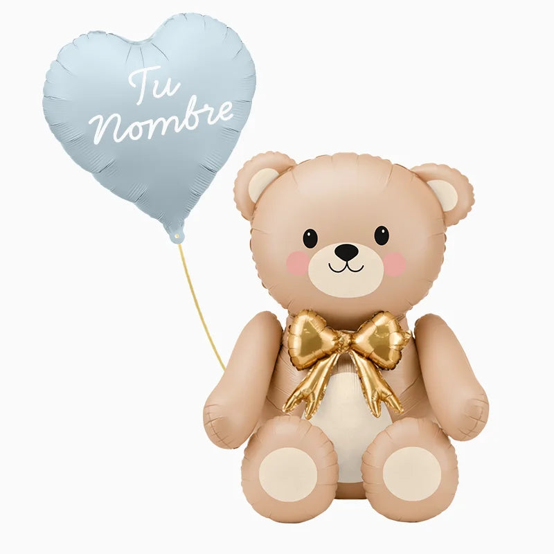 Globo Foil Corazón Azul Pastel + Globo Foil Oso Crema Nombre Personalizado Vinilo Blanco