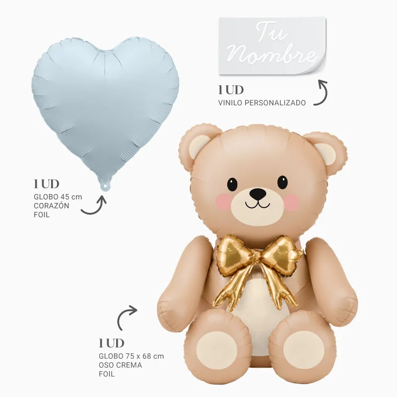 Globo Foil Corazón Azul Pastel + Globo Foil Oso Crema Nombre Personalizado Vinilo Blanco