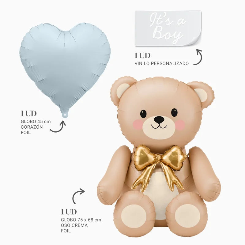 Globo Foil Corazón Azul Pastel + Globo Foil Oso Crema 'It's a Boy' Vinilo Blanco