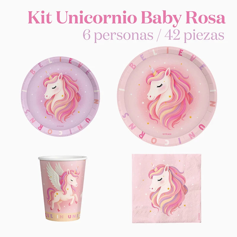 Kit Mesa Basic 6 Personas Unicornio Baby Rosa 42 piezas