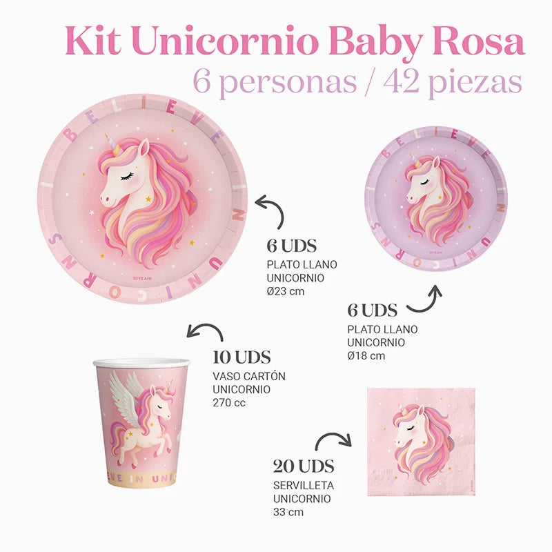 Kit Mesa Basic 6 Personas Unicornio Baby Rosa 42 piezas