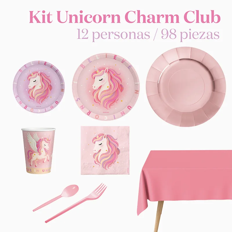 Kit Mesa Premium 12 Personas Unicorn Charm Club 98 piezas