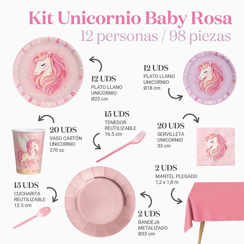 Kit Mesa Premium 12 Personas Unicornio Baby Rosa 98 piezas