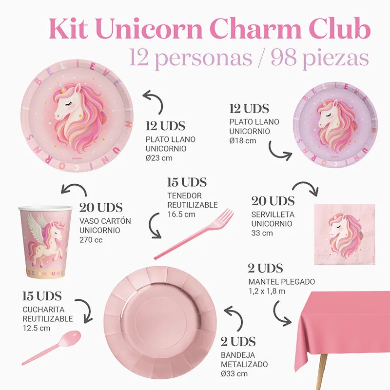 Inspiracion con Kit Mesa Premium 12 Personas Unicorn Charm Club 98 piezas