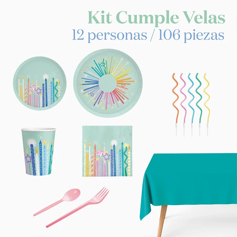 Kit Mesa Premium 12 Personas Cumple Velas 106 piezas