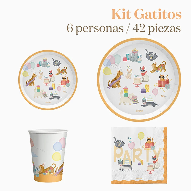 Kit Mesa Basic 6 Personas Gatitos 42 piezas