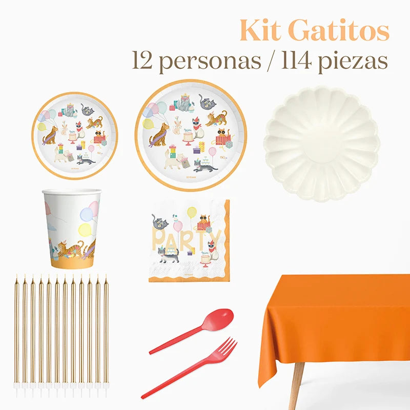 Kit Mesa Premium 12 Personas Gatitos 114 piezas