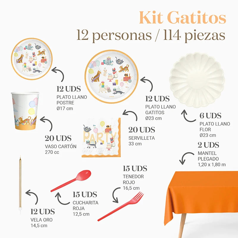 Inspiracion con Kit Mesa Premium 12 Personas Gatitos 114 piezas