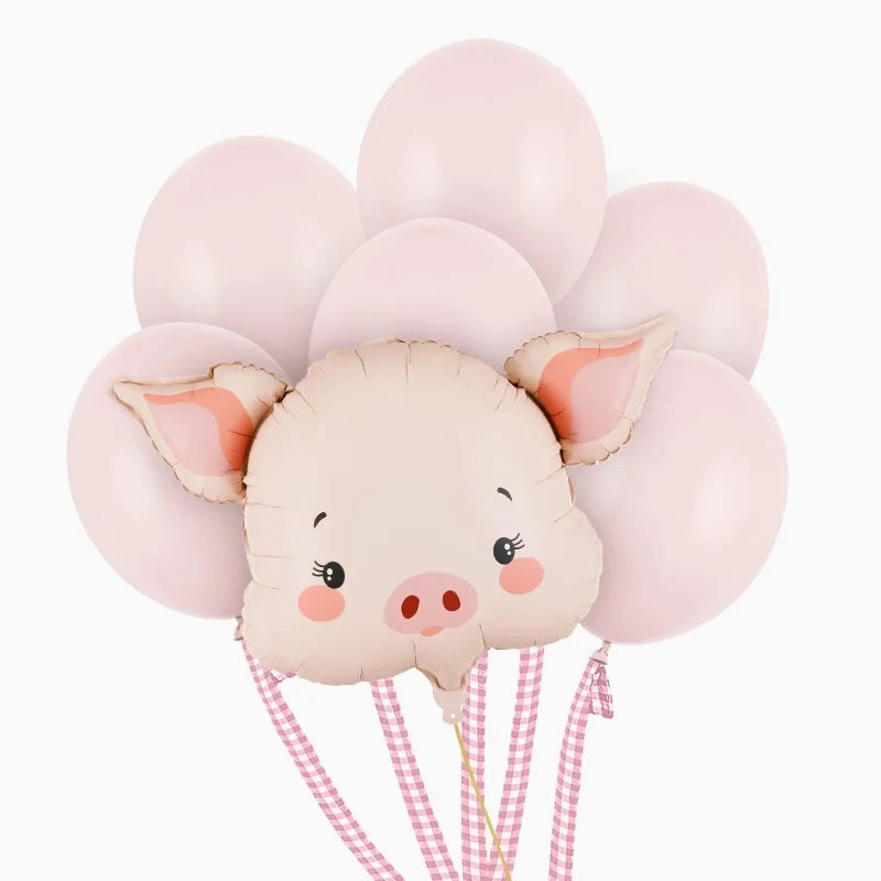 Pastel Pink Latex Balloons Set with Pig Foil Balloon and Pink Vichy Ribbons