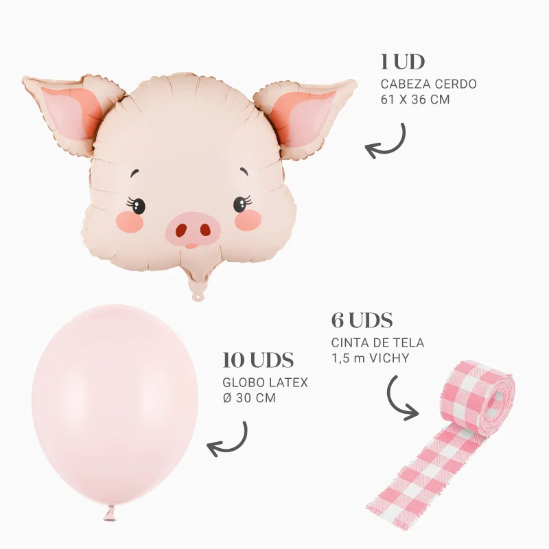 Pastel Pink Latex Balloons Set with Pig Foil Balloon and Pink Vichy Ribbons