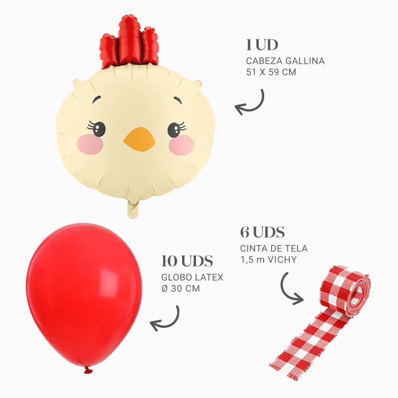 Red Latex Balloons Set with Foil Chicken Balloon and Red Vichy Ribbons