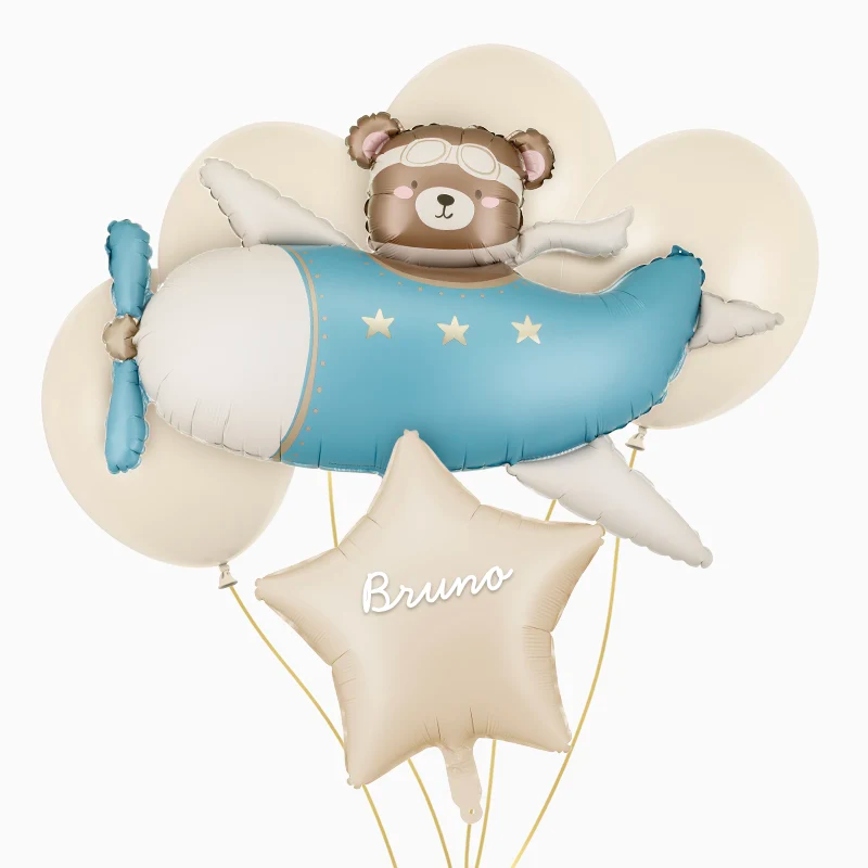 Set Globos Baby Osito Avión Azul Personalizado Nombre Vinilo Blanco