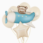 Set Globos Baby Osito Avión Azul Personalizado Nombre Vinilo Blanco