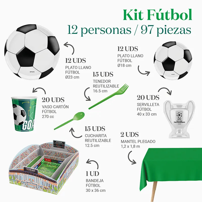 Inspiracion con Kit Mesa Premium 12 personas Fútbol 97 piezas