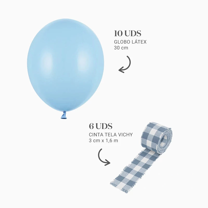 Inspiracion con Latex Balloon Set Ø 30 cm Pastel Light Blue with Vichy Ribbons