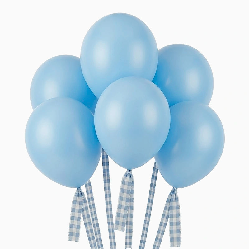 Set Globos Látex Ø 30 cm Azul Claro Pastel con Cintas Vichy
