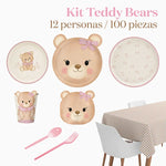 Kit Table Premium 12 Personnes Bébé Ours Rose 100 pièces