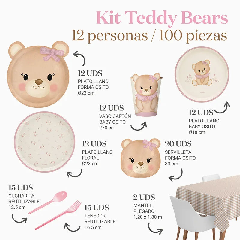 Kit Table Premium 12 Personnes Bébé Ours Rose 100 pièces