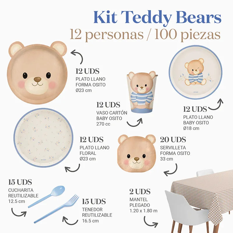 Kit Mesa Premium 12 Personas Teddy Bear Azul 100 piezas