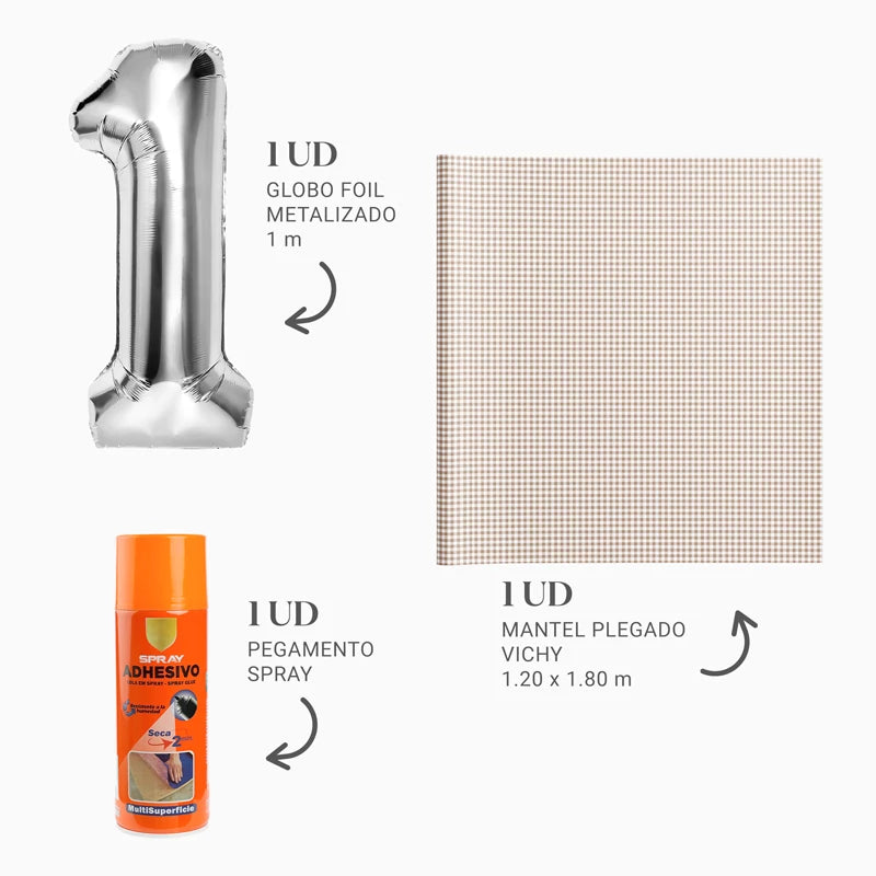 Set Globo Foil Número 1 con Mantel Vichy Crema (Sin Helio)