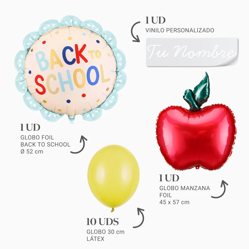 Inspiracion con Set Globos 'Back to School' Personalizado Nombre y Curso Vinilo Blanco
