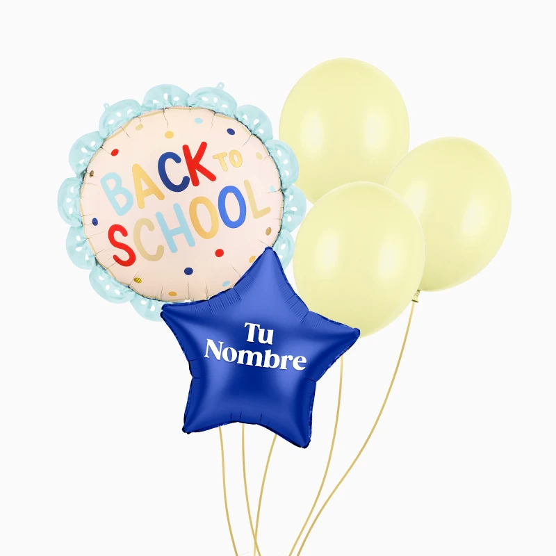 Set Globos 'Back to School' con Estrella Azul Personalizado Nombre Vinilo Blanco