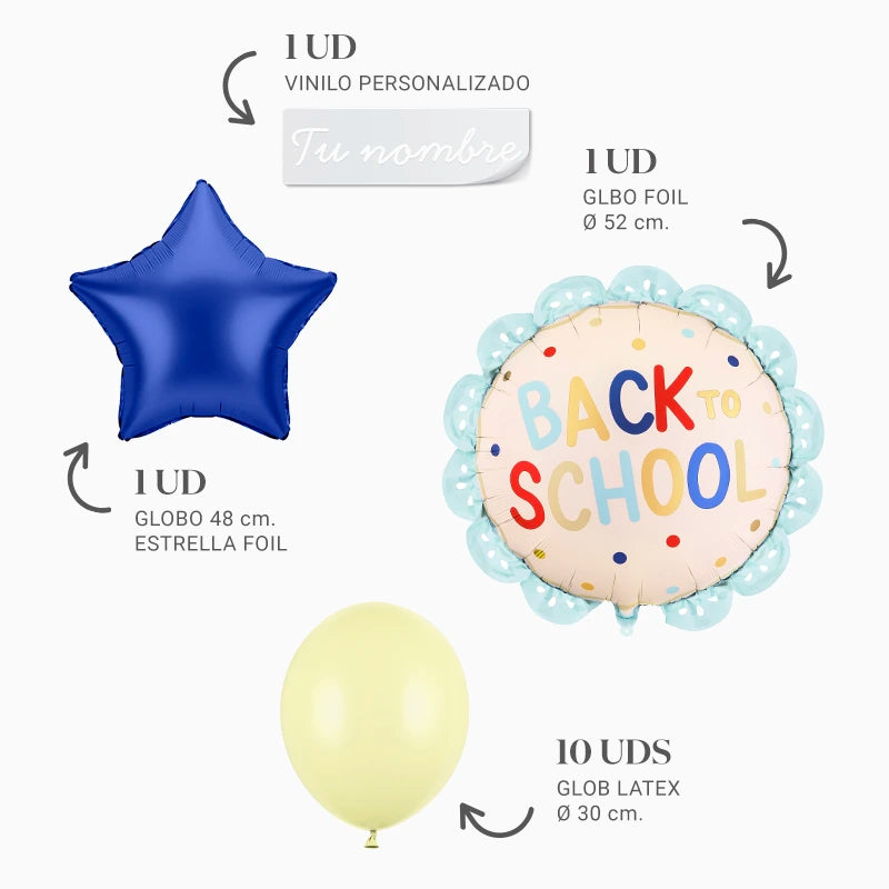 Set Globos 'Back to School' con Estrella Azul Personalizado Nombre Vinilo Blanco