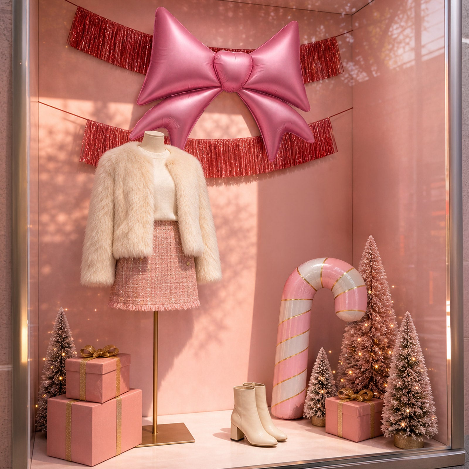 Kit Decoración Escaparate Lazo Rosa Navidad 4 Piezas