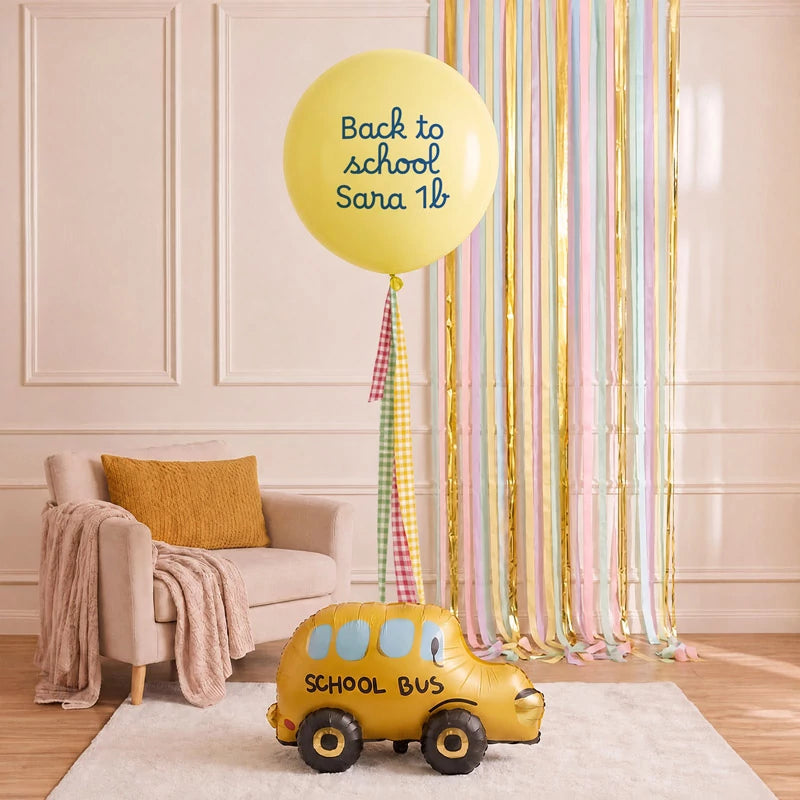 Globo Jumbo 60 cm Amarillo Pastel Telas Vichy Personalizado Vinilo Azul 'Back to School'